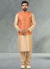 Orange Colour Latest Party Wear Jacquard Banarasi Silk Digital Print Kurta Pajama With Jacket Mens Collection 1051